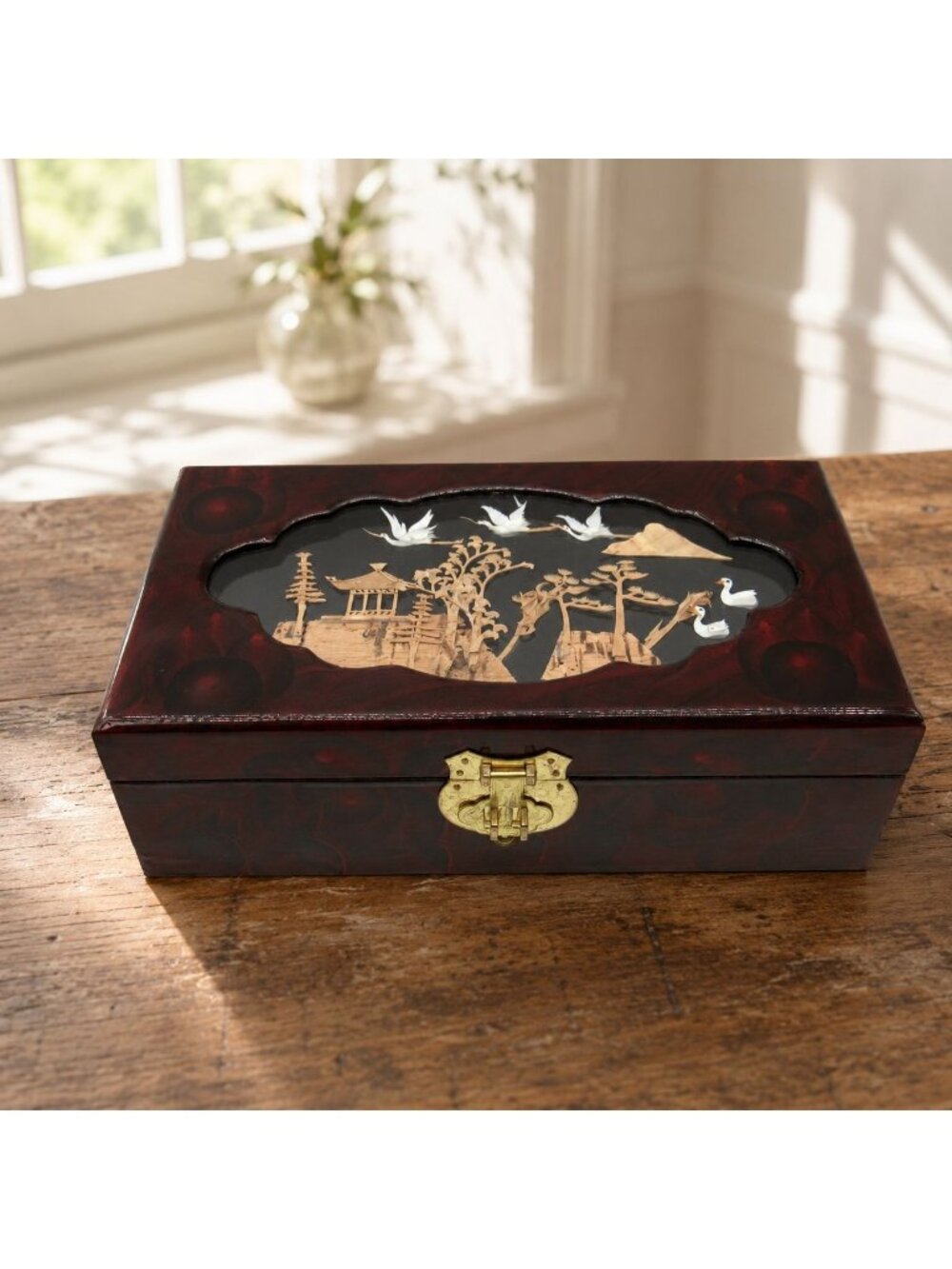 Vintage Chinese Cork Art Jewelry Box Red Lacquer Crane Pagoda Velvet Lined 9"